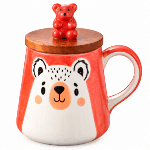 Mug Bebo Orange Cha Cult avec couvercle en bois et figurine ourson