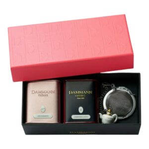 Coffret Jardin Romantique Dammann Frères avec deux boîtes de thé et boule à thé