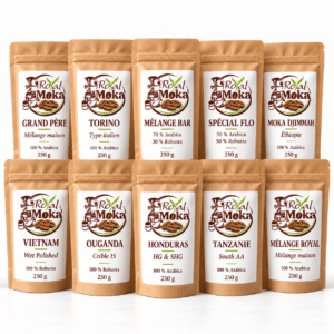 Pack Les 10 Caractères Royal Moka : dix sachets de 250 g, Mélange Grand Père, Torino, Mélange Bar, Spécial Flo, Moka Djimmah, Éthiopie, Vietnam Wet Polished Grade 1, Ouganda Crible 15, Honduras HG & SHG, Tanzanie South AA, Mélange Royal.