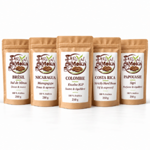 Pack Arabicas gourmands Royal Moka : Brésil, Nicaragua Maragogype, Colombie, Costa Rica et Papouasie Sigri, cinq sachets de 250 g.