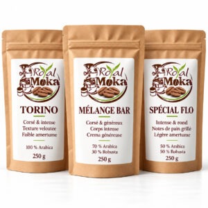 Pack L’Atelier Espresso Royal Moka : Torino, Mélange Bar et Spécial Flo, trois sachets de 250 g.