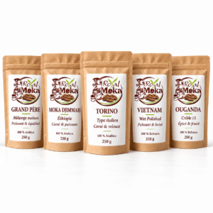 Pack Force et Caractère Royal Moka : Grand Père, Moka Djimmah, Torino, Vietnam et Ouganda, cinq sachets de 250 g.