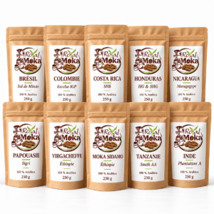 Pack Le Grand Voyage Royal Moka : dix sachets de 250 g, Brésil Sul de Minas Fine Cup Fancy, Colombie Excelso IGP, Costa Rica Strictly Hard Bean, Honduras HG & SHG, Nicaragua Maragogype, Papouasie-Nouvelle-Guinée Sigri, Moka Yirgacheffe, Éthiopie, Moka Sidamo Lavé Grade 2, Éthiopie, Tanzanie South AA, Inde Plantation A.