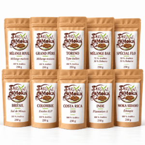 Pack La Maison & ses Origines Royal Moka : dix sachets de 250 g, Mélange Royal, Mélange Grand Père, Torino, Mélange Bar, Spécial Flo, Brésil Sul de Minas Fine Cup Fancy, Colombie Excelso IGP, Costa Rica Strictly Hard Bean, Inde Plantation A, Moka Sidamo Lavé Grade 2, Éthiopie.