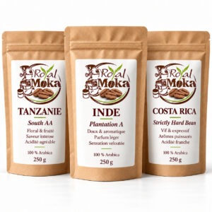 Pack Trois Continents Royal Moka : trois sachets de 250 g de Tanzanie South AA, Inde Plantation A et Costa Rica SHB.
